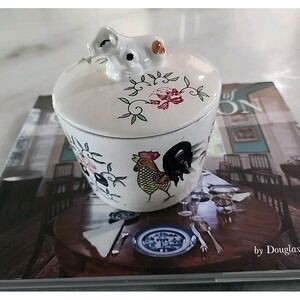 Vintage FARMHOUSE Crock/Tea CANISTER Lid Rooster & Cow / Chicken & Roses COTTAGE